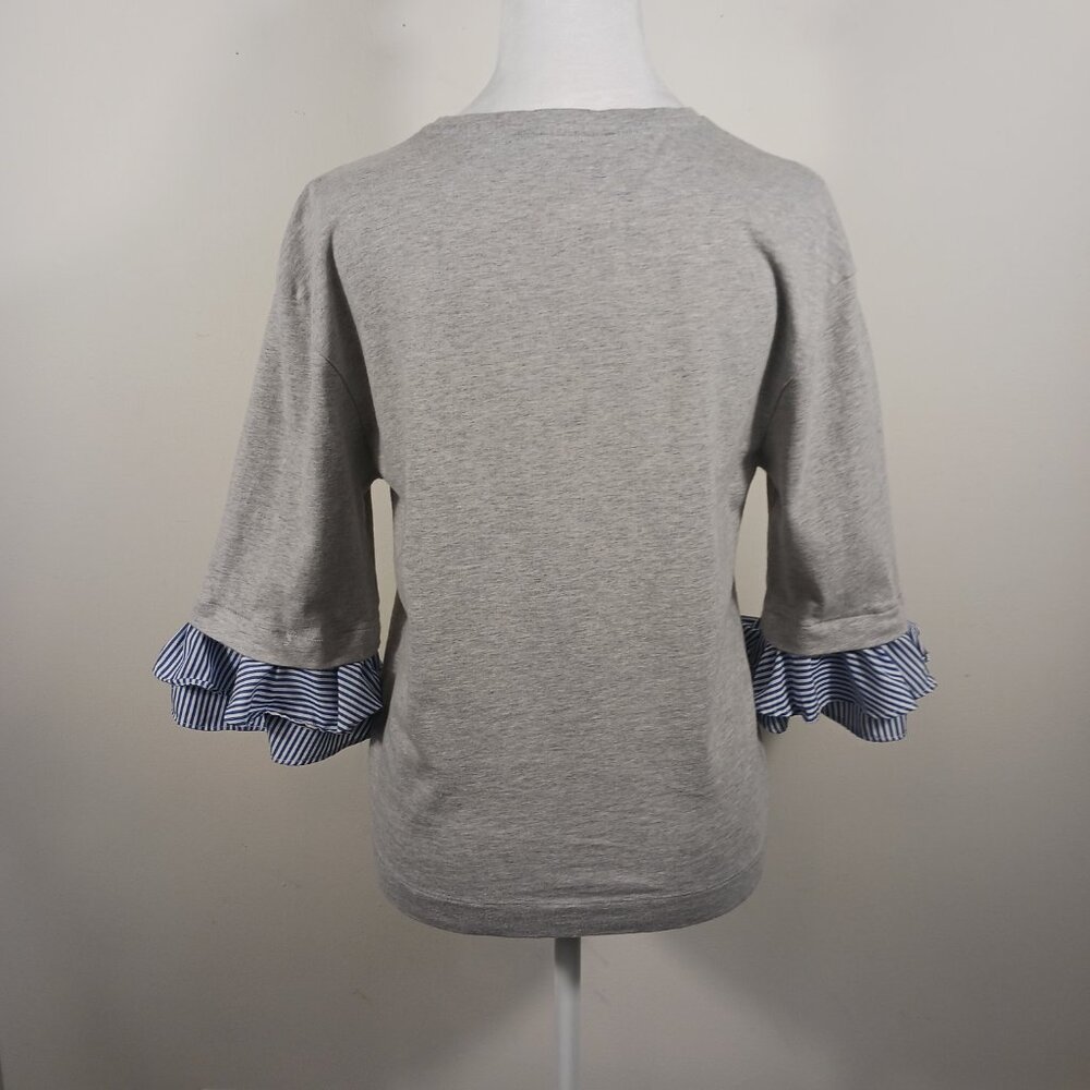 Lauren Ralph Lauren S Casual Gray Top 3/4 Sleeve W/ Navy/White Pinstripe Ruffle - Picture 5 of 15